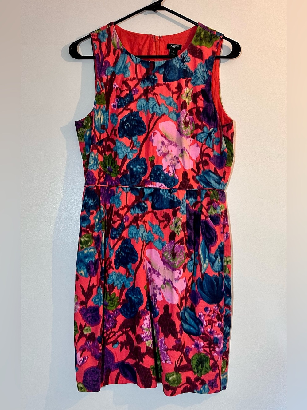 J. Crew Coral Pink Floral Sleeveless Dress with Blue & Green Accents